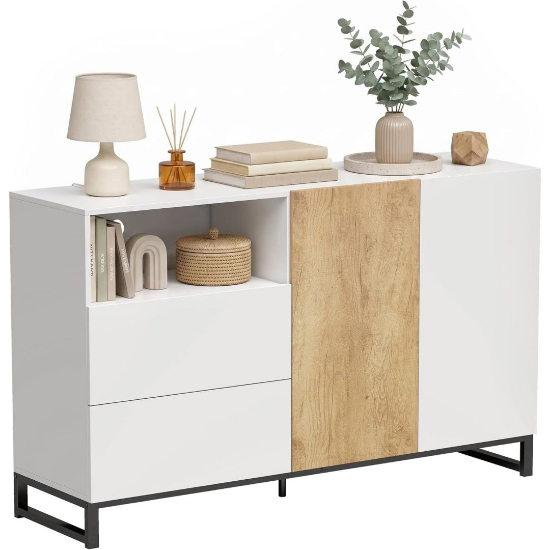 Credence gris clair bois ingenierie style contemporain, a 2 portes 2 tiroirs