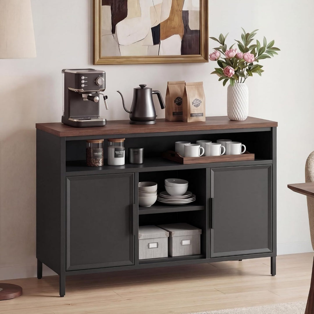 Style, meuble bas sur pied gris fonce en bois