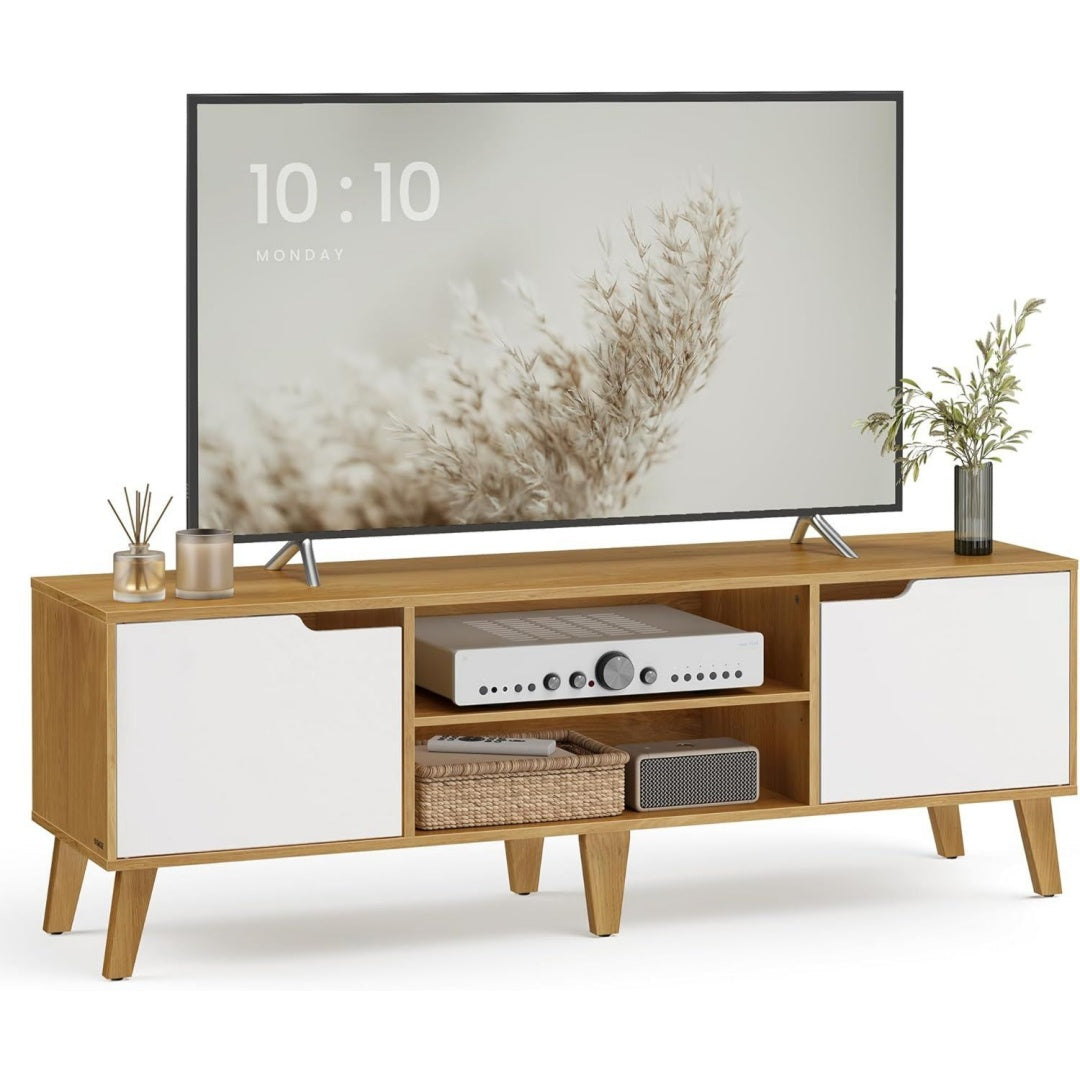 Meuble TV gris clair acier 147 cm, rangement finition rustique