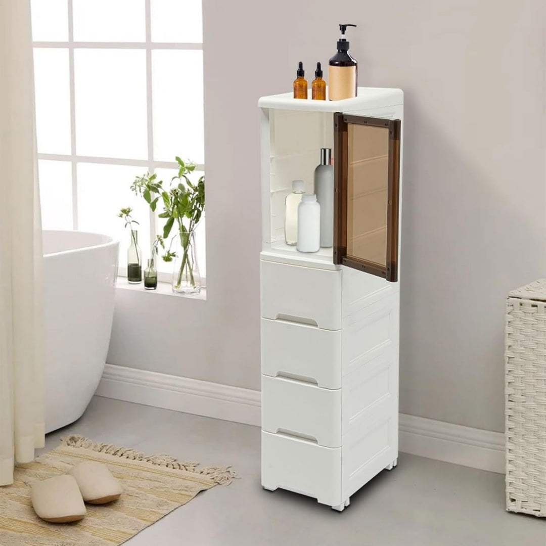 Meuble colonne de rangement teinte gris, en bois, capacite optimale