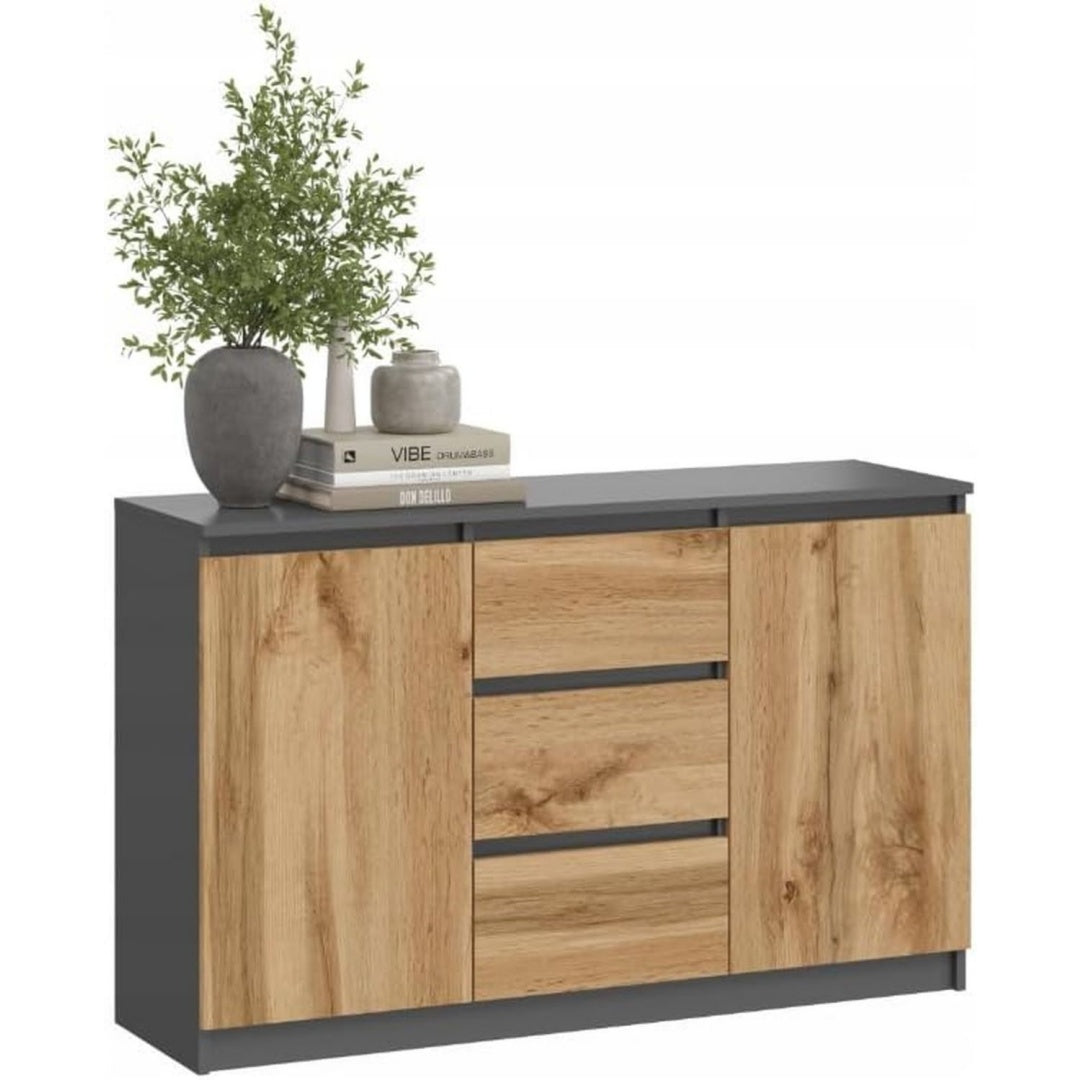 Commode marron design scandinave, deux portes, quatre tiroirs